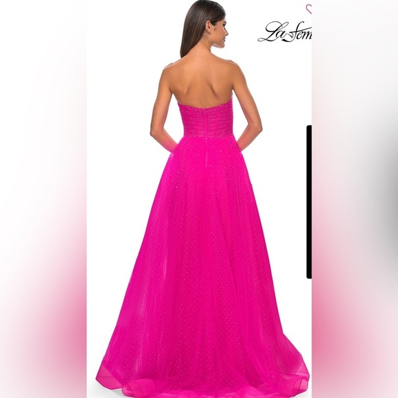 La Femme Hot Pink & Crystal Strapless Long Prom Ball Gown 31997 NWT - Picture 4 of 16